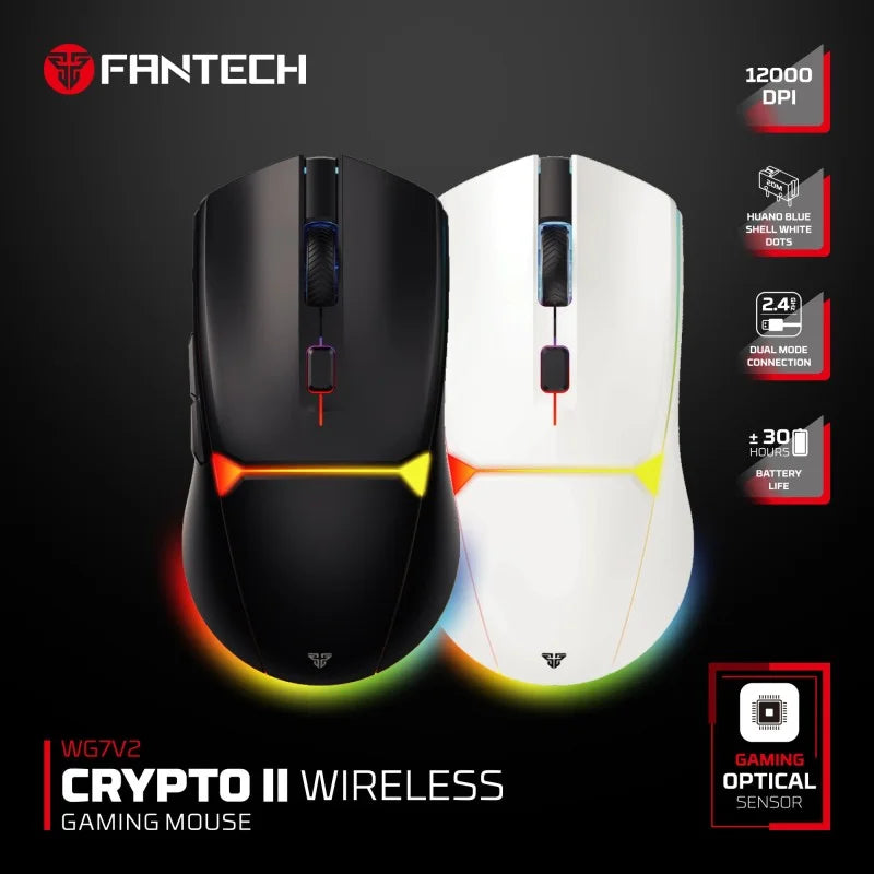 Two gaming mice, one black and one white, with colorful lighting effects on a dark background. Fantech branding is visible.