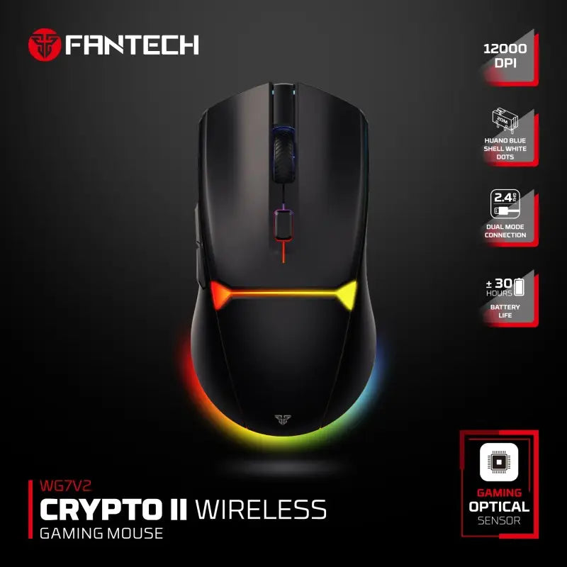 Fantech Crypto II Wireless gaming mouse with features highlighted on a dark background
