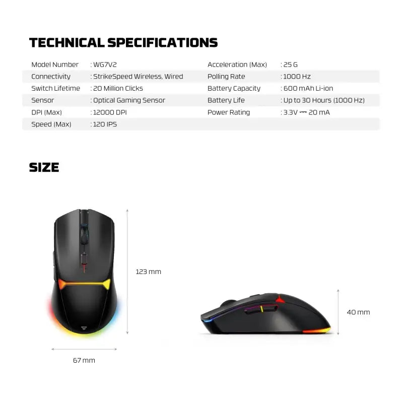 Technical specifications and size details of a gaming mouse on a white background