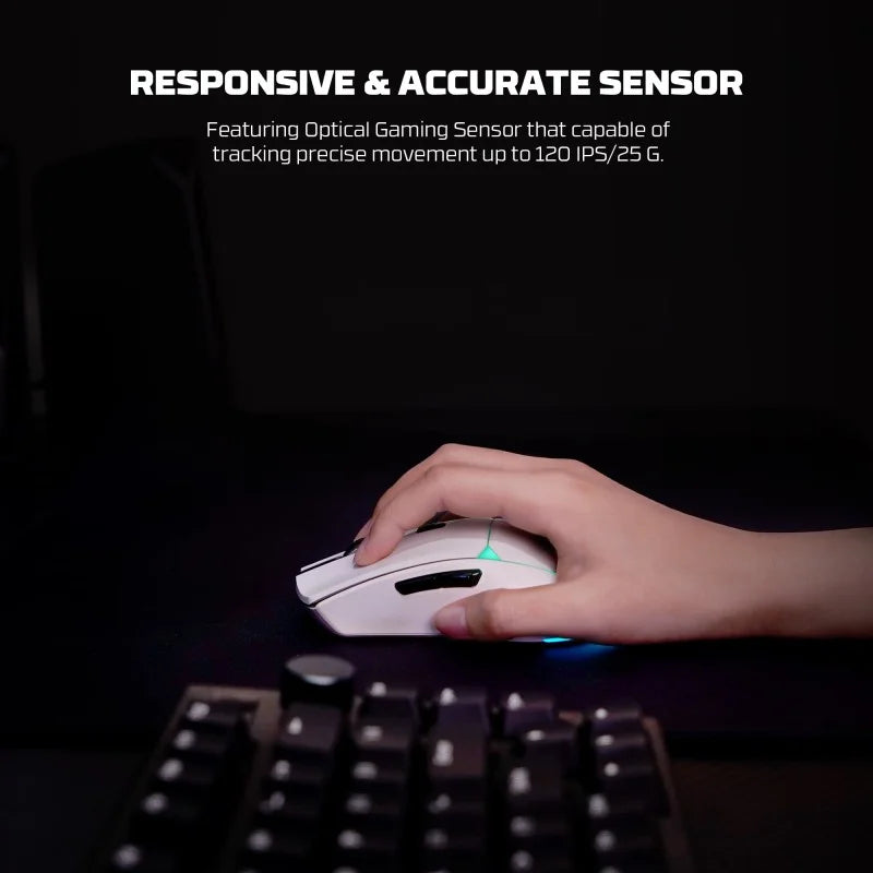 Hand using a gaming mouse with text about sensor capabilities on a dark background