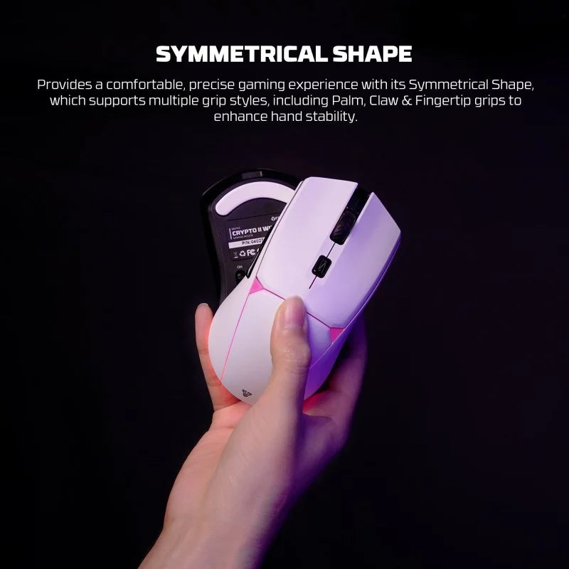 Hand holding a white gaming mouse with text about symmetrical shape on a black background