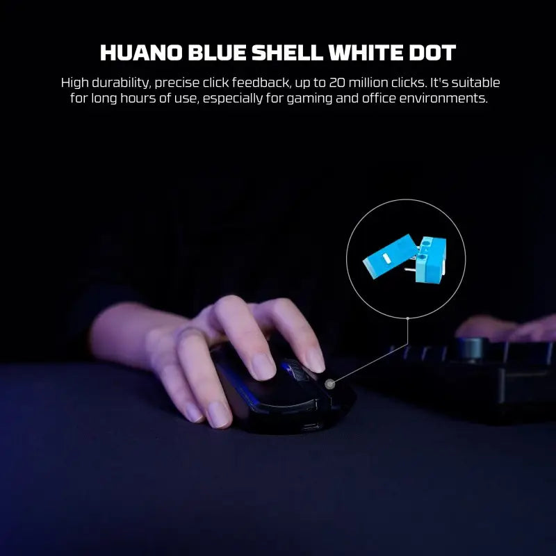 Person using a gaming mouse with text about HUANO Blue Shell White Dot mousebait.