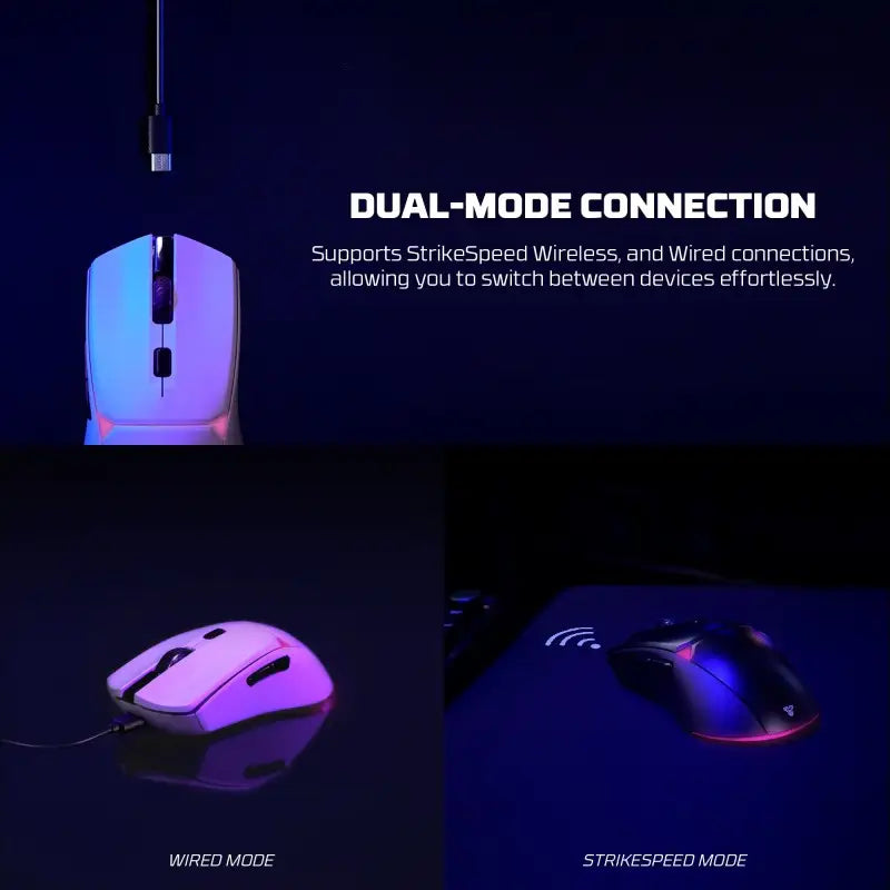 Gaming mouse with dual-mode connection features on a dark background