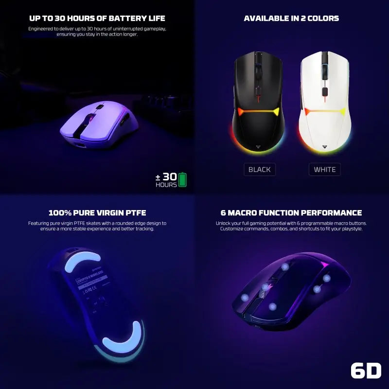 Gaming mouse with features highlighted on a dark background