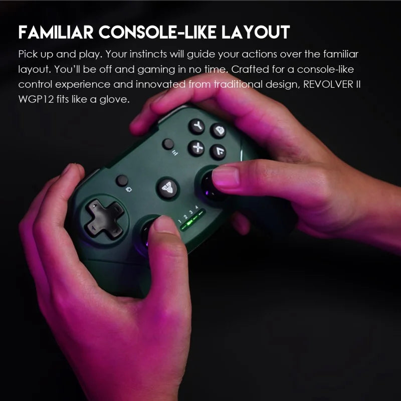 Hand holding a gaming controller with text about its layout and design.