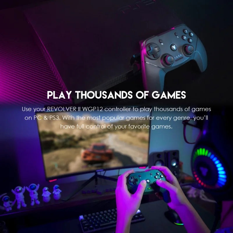Gaming setup with controllers and text about playing thousands of games on PC and PS3.
