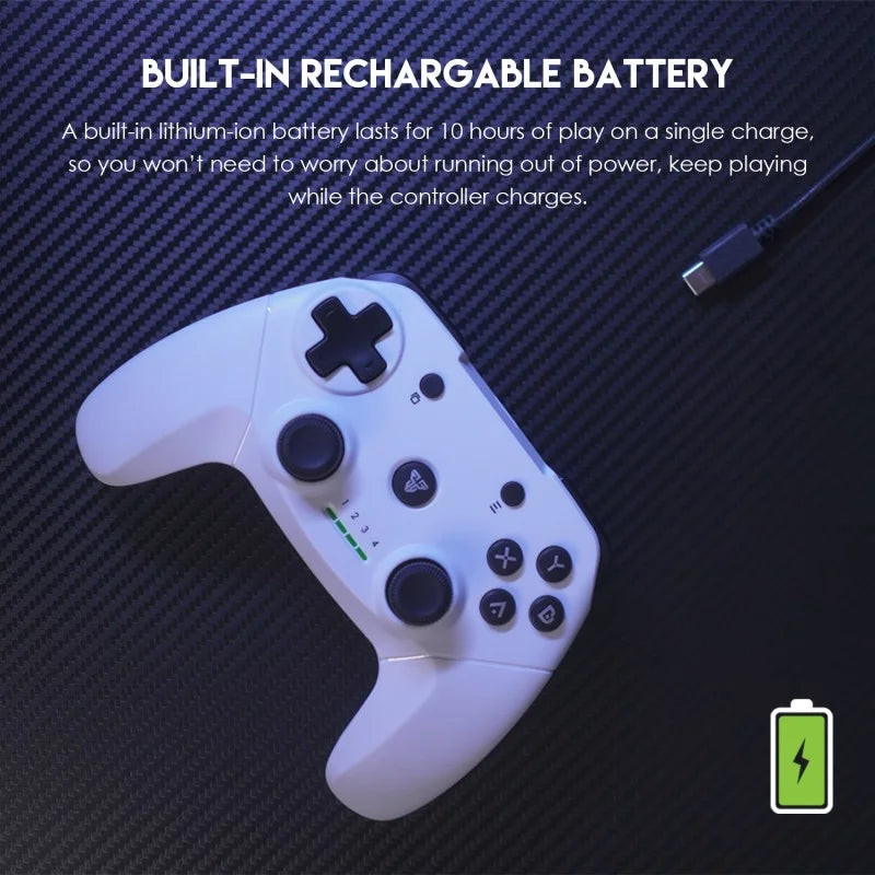 White gaming controller with text about a built-in rechargeable battery on a dark background