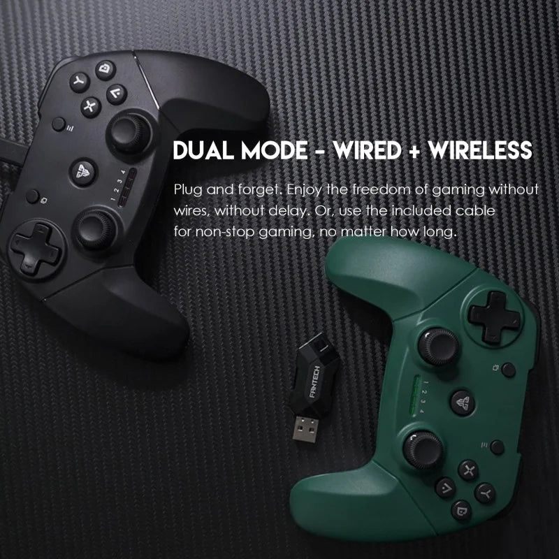 Two gaming controllers, one black and one green, with text about dual mode wired and wireless functionality on a dark textured background.