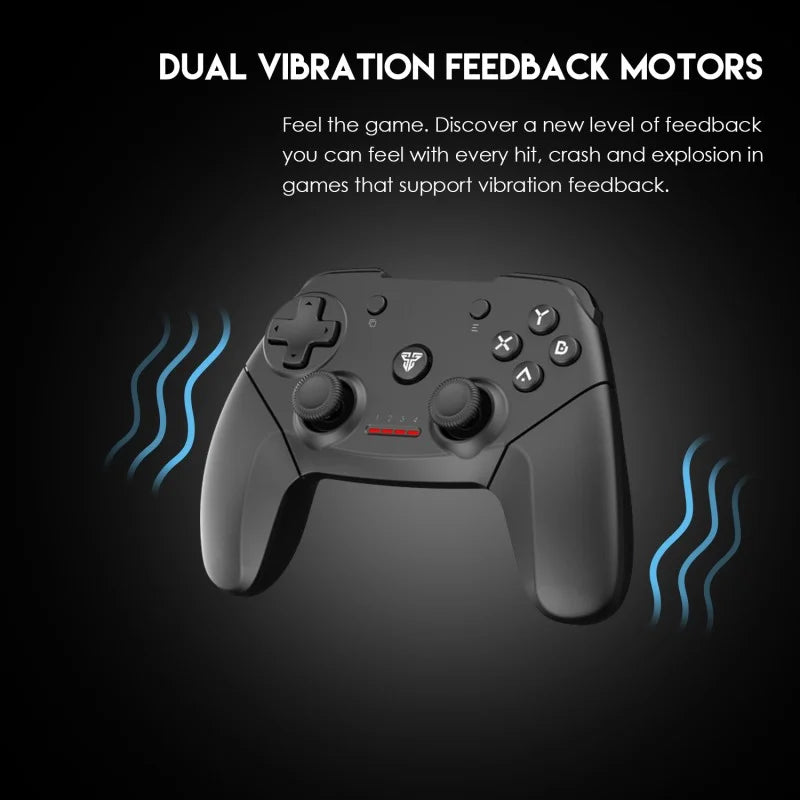 Gaming controller with dual vibration feedback motors on a black background