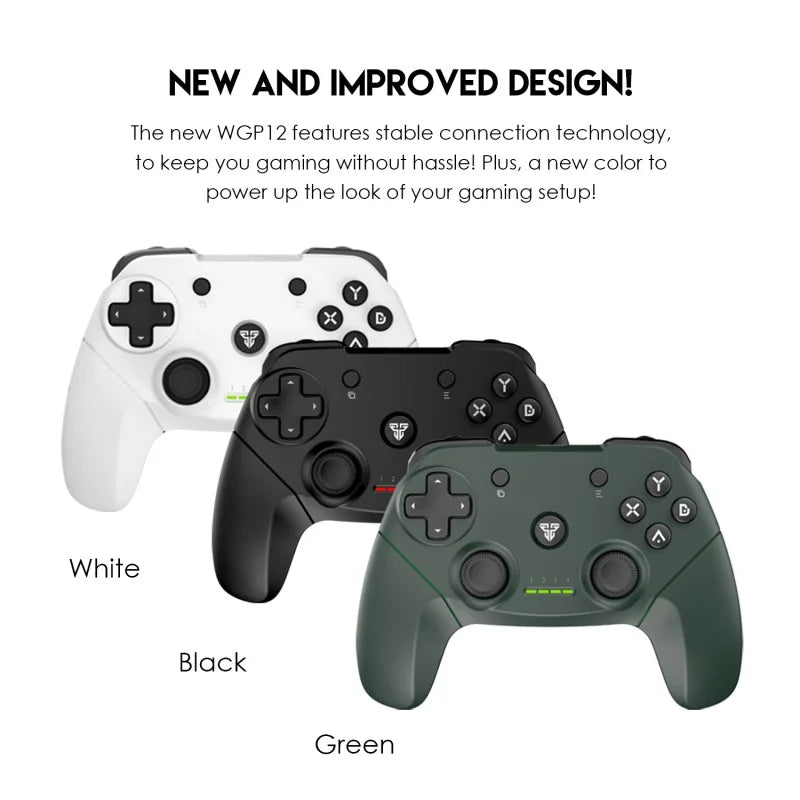 Three gaming controllers in white, black, and green with text about new design features.