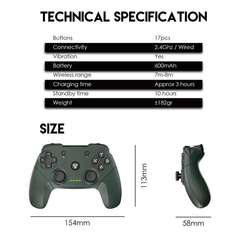 Technical specifications and size details of a gaming controller on a white background