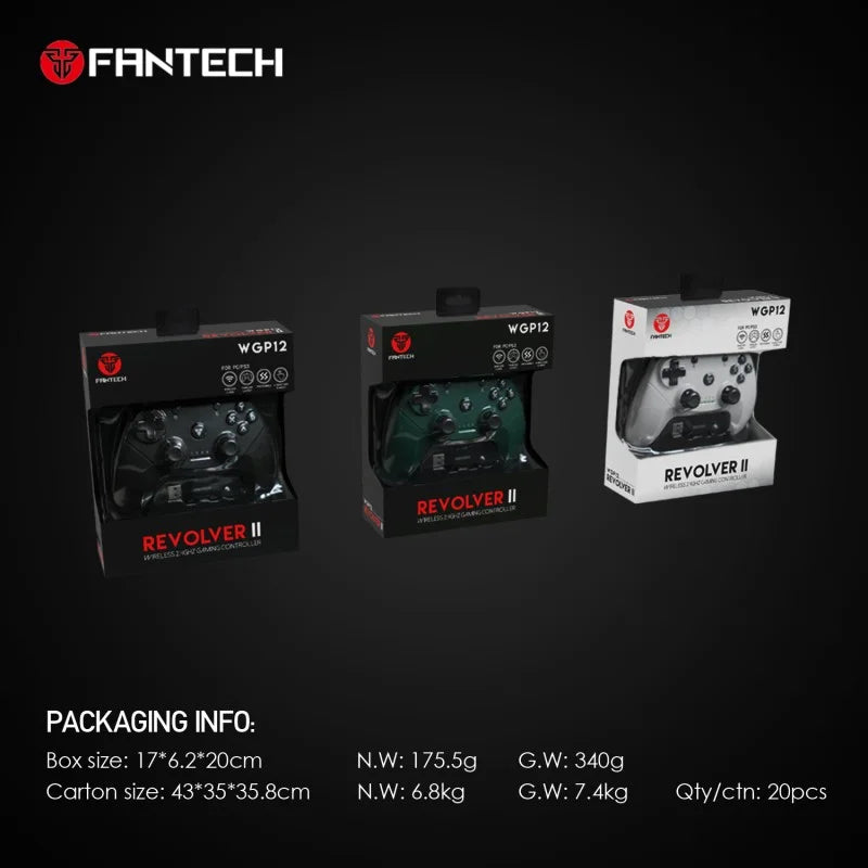 Three packaging boxes of Fantech Revolver II gaming controllers on a black background.