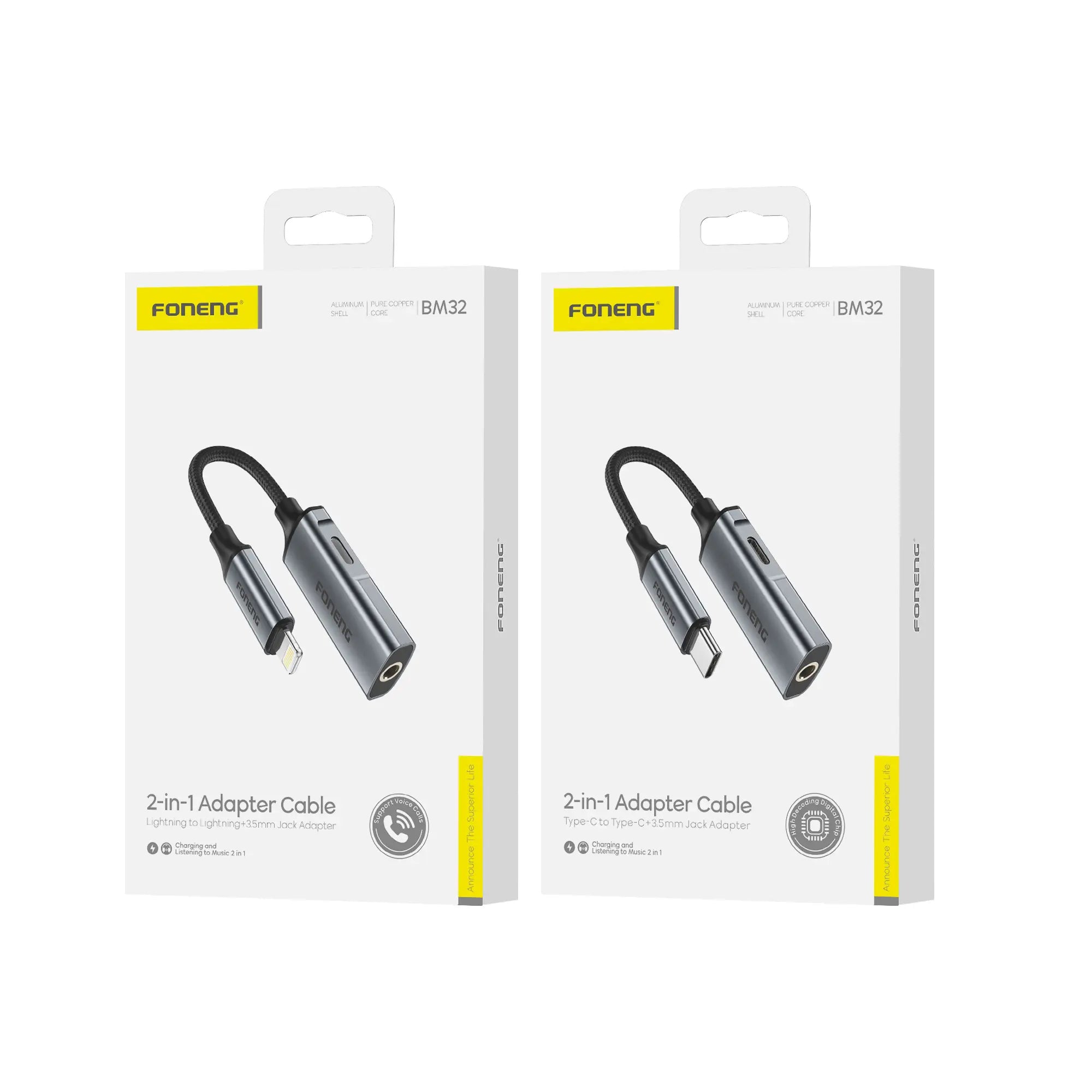 Retail packaging boxes for the Foneng BM32 2-in-1 adapter cable showing the Lightning and Type-C options from LebTech Store.