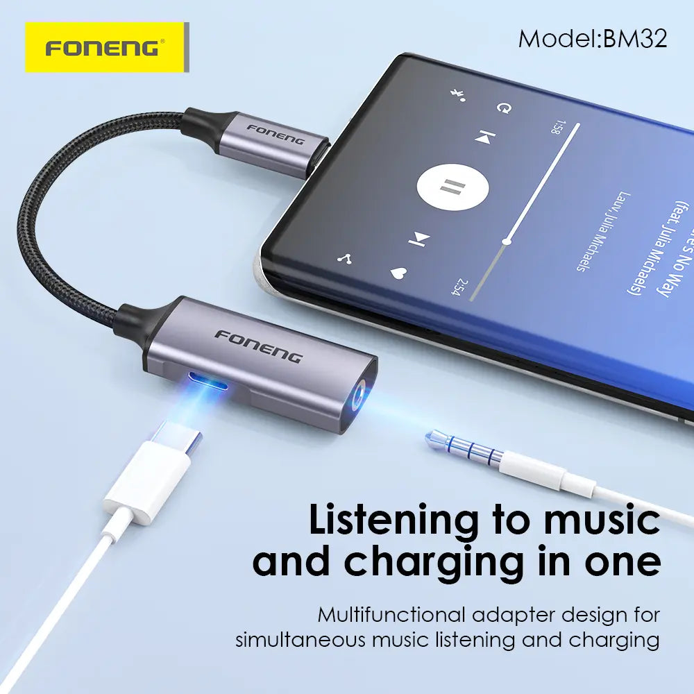  Foneng BM32 2-in-1 metal audio adapter connected to a smartphone showing simultaneous charging and music listening functionality from LebTech Store.