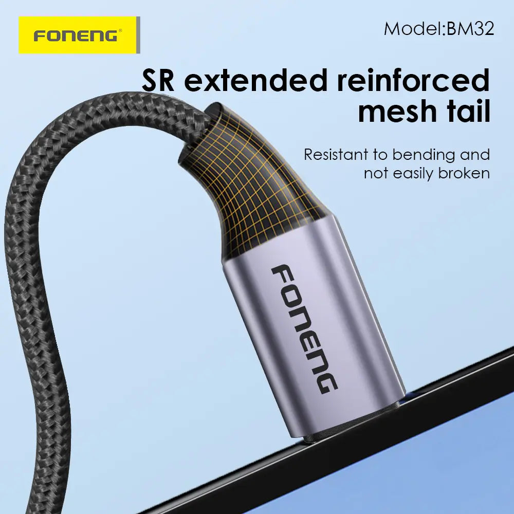 Foneng BM32 2-in-1 metal audio cable featuring an SR extended reinforced mesh tail and durable braided wire design at LebTech Store.