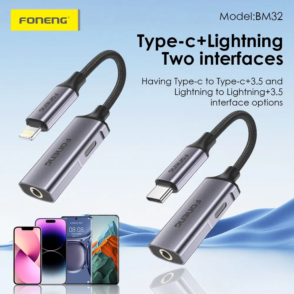 Foneng BM32 2-in-1 audio adapter options displaying Type-C and Lightning variants for modern smartphones available at LebTech Store.