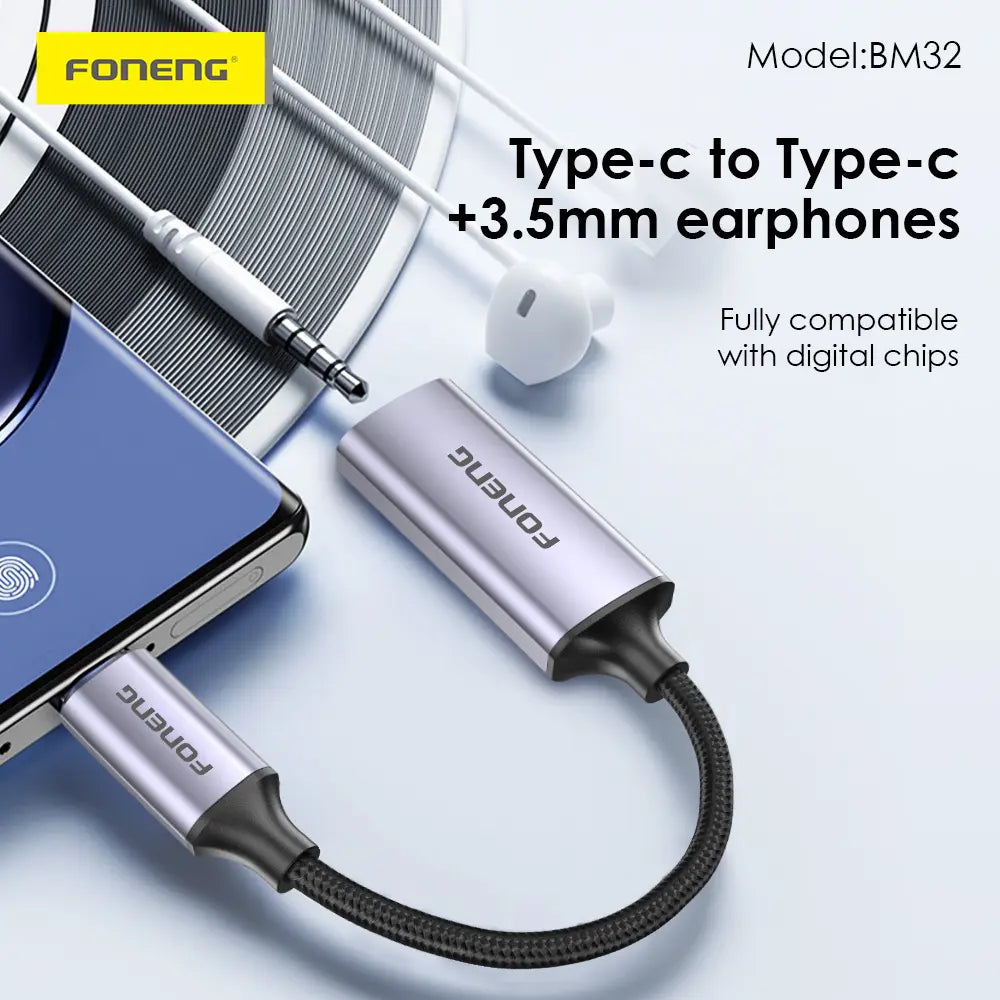 Foneng BM32 Type-C to Type-C and 3.5mm headphone adapter showing digital chip compatibility for wired earphones at LebTech Store.