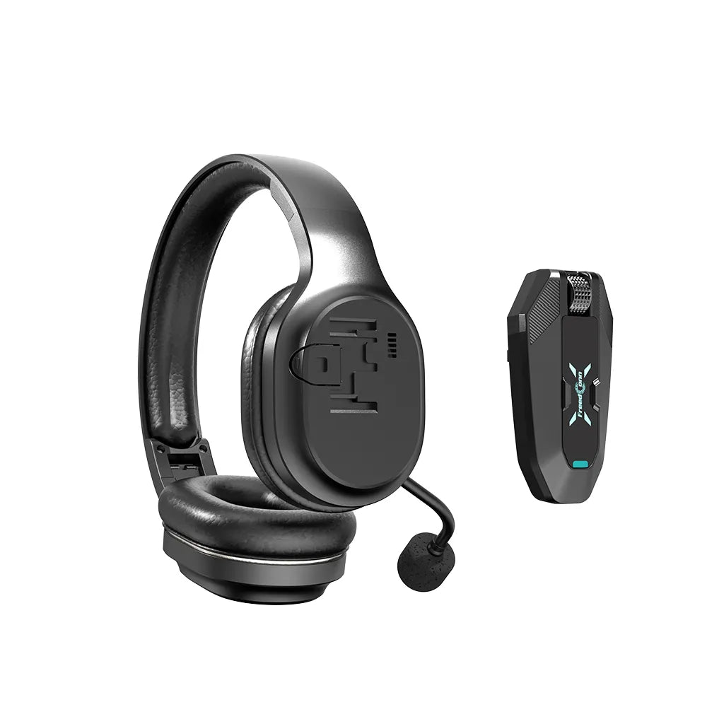 FreedConn D9 helmet intercom module detached next to over-ear headset from Lebtech Store Lebanon