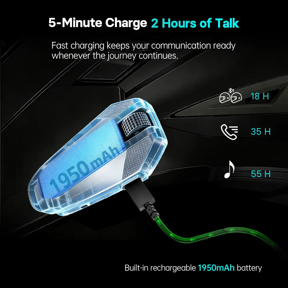 FreedConn FM10 helmet intercom displaying 1950mAh battery cell with 5 minute quick fast charging metrics from Lebtech Store Lebanon
