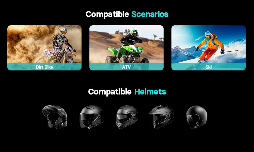 FreedConn FM10 intercom showcasing compatible scenarios like dirt bike ATV ski and universal helmet types from Lebtech Store Lebanon
