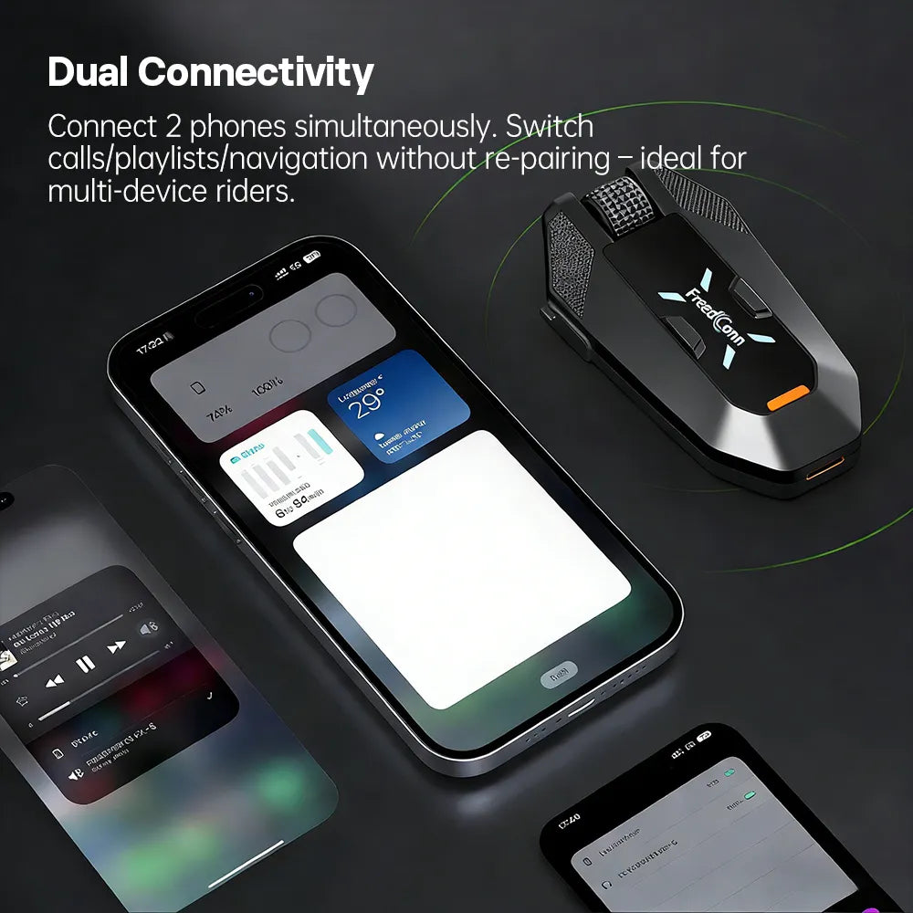 FreedConn FM10 helmet intercom showcasing dual smartphone simultaneous connectivity multipoint pairing from Lebtech Store Lebanon
