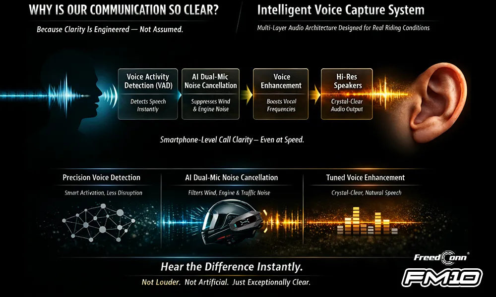 FreedConn FM10 helmet intercom displaying multi layer voice activity detection and audio voice enhancement from Lebtech Store Lebanon
