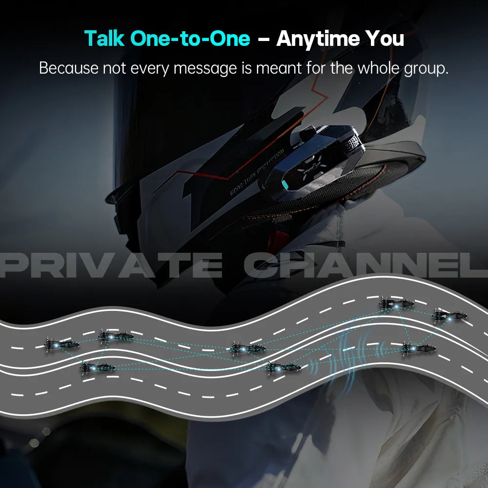 FreedConn FM10 helmet intercom mounted on helmet displaying talk one to one private channel mesh mode from Lebtech Store Lebanon
