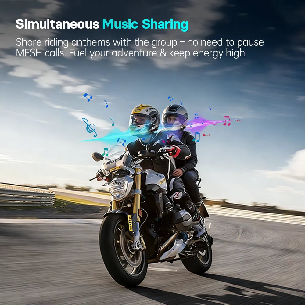 FreedConn FM10 helmet intercom showcasing simultaneous music sharing without pausing active MESH group calls from Lebtech Store Lebanon
