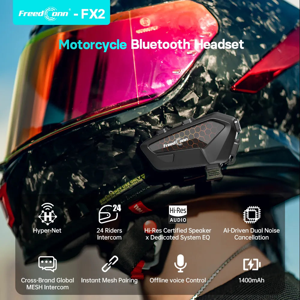 FreedConn FX2 motorcycle intercom mounted on a sports helmet showcasing hyper net mesh pairing and hi res certified audio specs from Lebtech Store Lebanon
