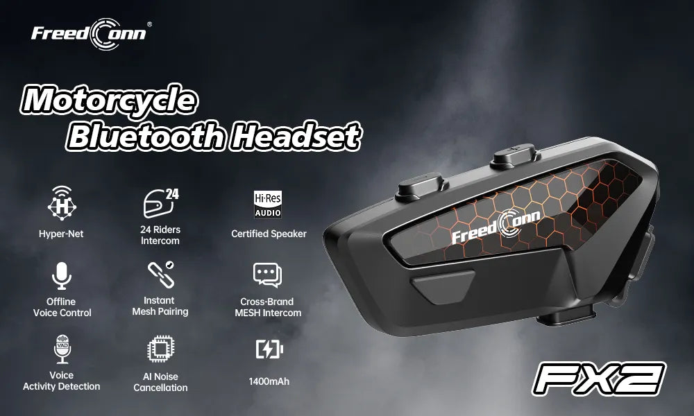 FreedConn FX2 helmet intercom host unit showing 24 riders hyper net connectivity hi res certified audio and 1400mah battery layout from Lebtech Store Lebanon

