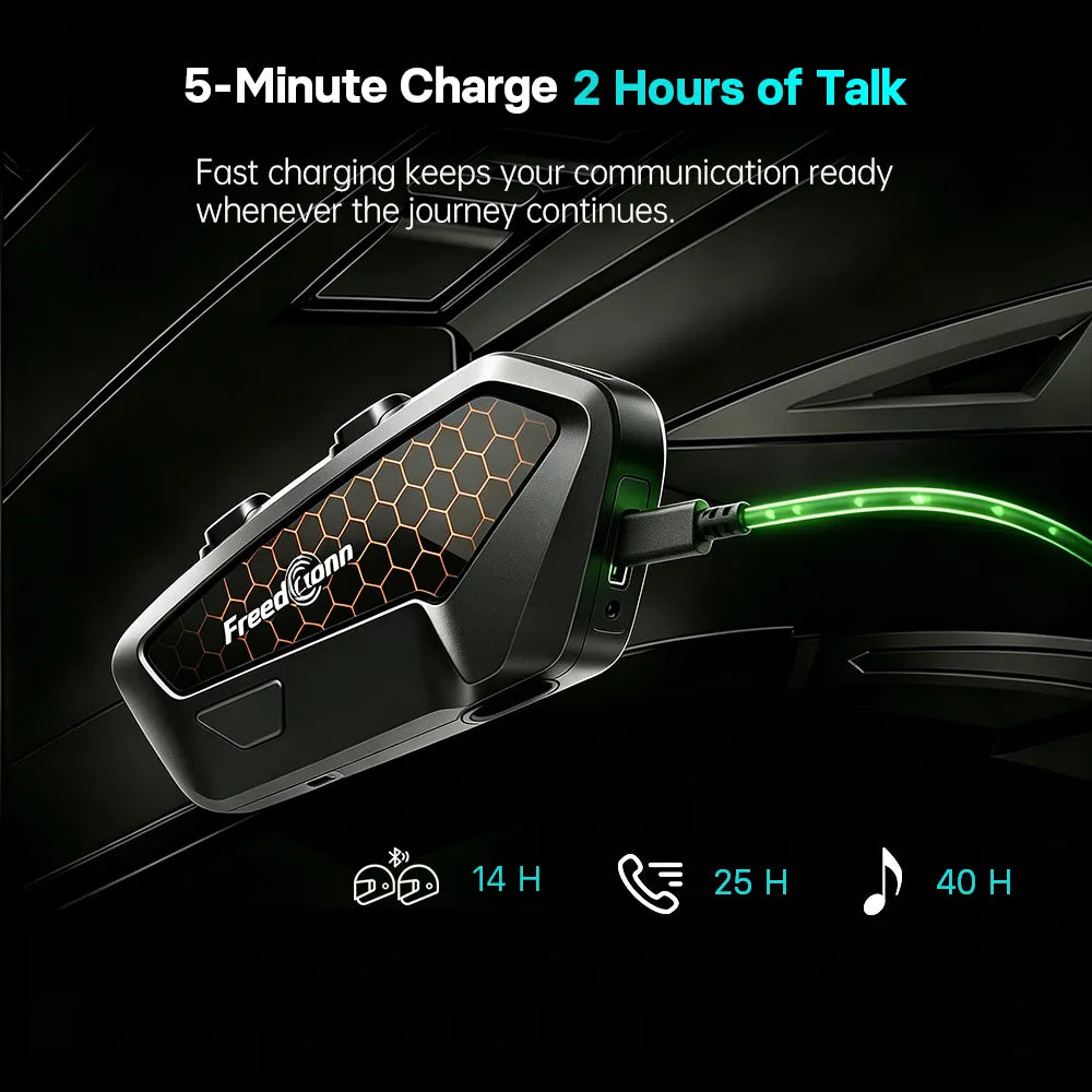 FreedConn FX2 helmet intercom infographic displaying fast charging parameters yielding two hours talk time from a five minute plug in from Lebtech Store Lebanon
