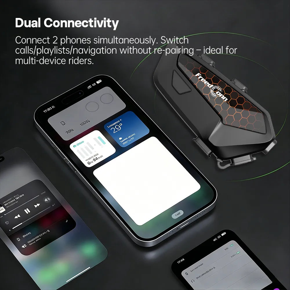 FreedConn FX2 helmet intercom showcasing dual phone simultaneous connectivity and multi device pairing interface from Lebtech Store Lebanon
