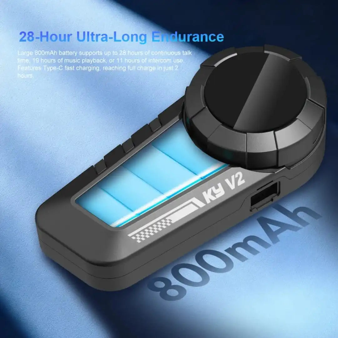 FreedConn KY V2 motorcycle helmet intercom battery specification graphic highlighting the 800mAh high capacity cell, Type-C fast charging port, and 28 hour continuous talk time endurance from Lebtech Store Lebanon.