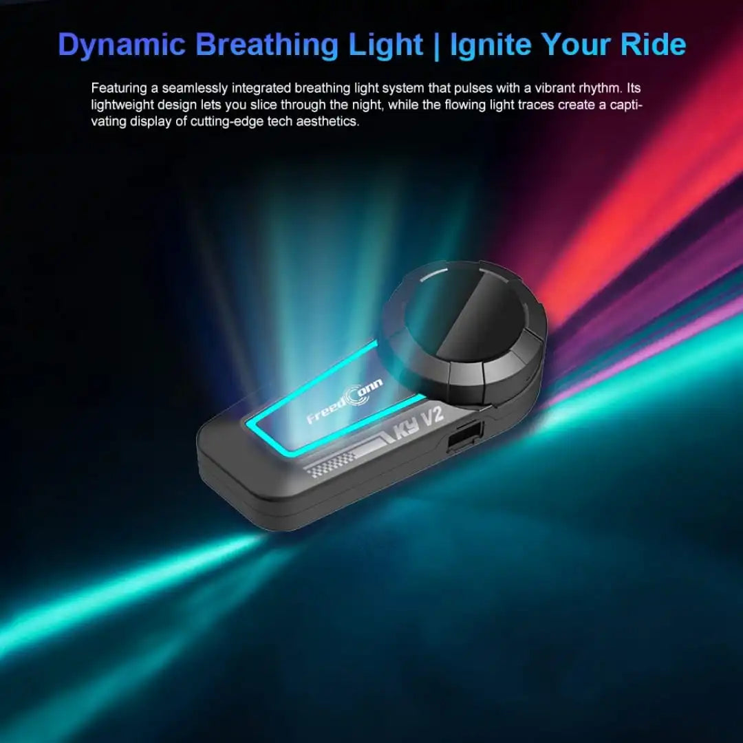  FreedConn KY V2 moto headset with integrated rhythmic LED lighting strips casting 