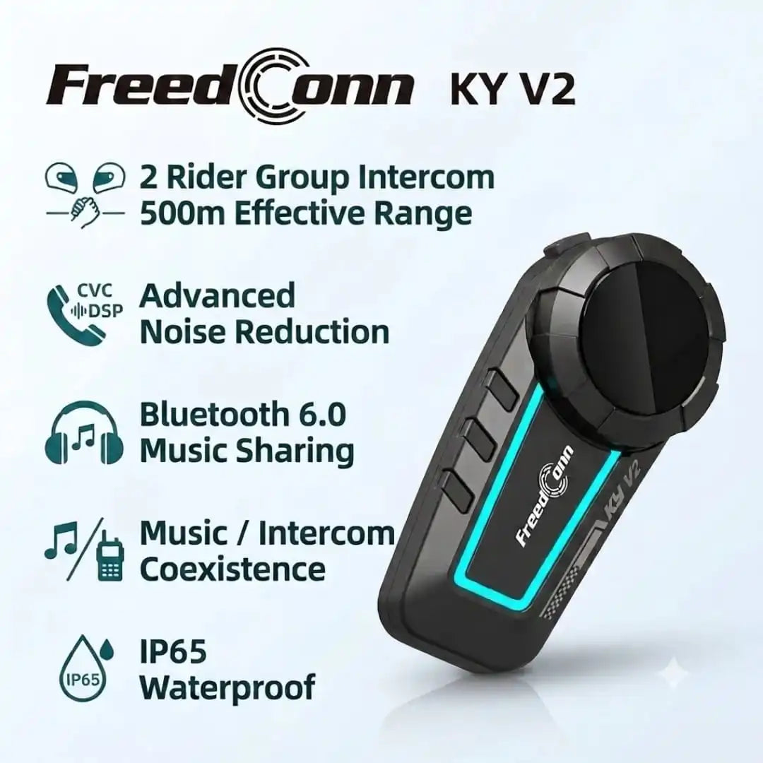  FreedConn KY V2 motorcycle helmet bluetooth intercom infographic showcasing key features like Bluetooth 6.0 music sharing, 500m range, and IP65 waterproof rating from Lebtech Store Lebanon.