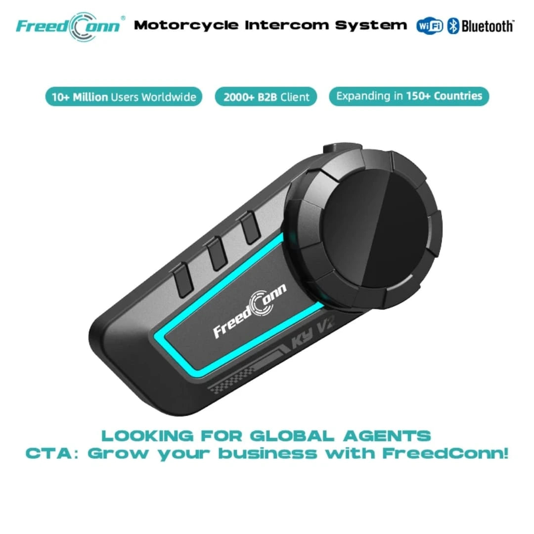  FreedConn KY V2 motorcycle intercom system promotional banner highlighting over ten million global users and multi country expansion statistics from Lebtech Store Lebanon