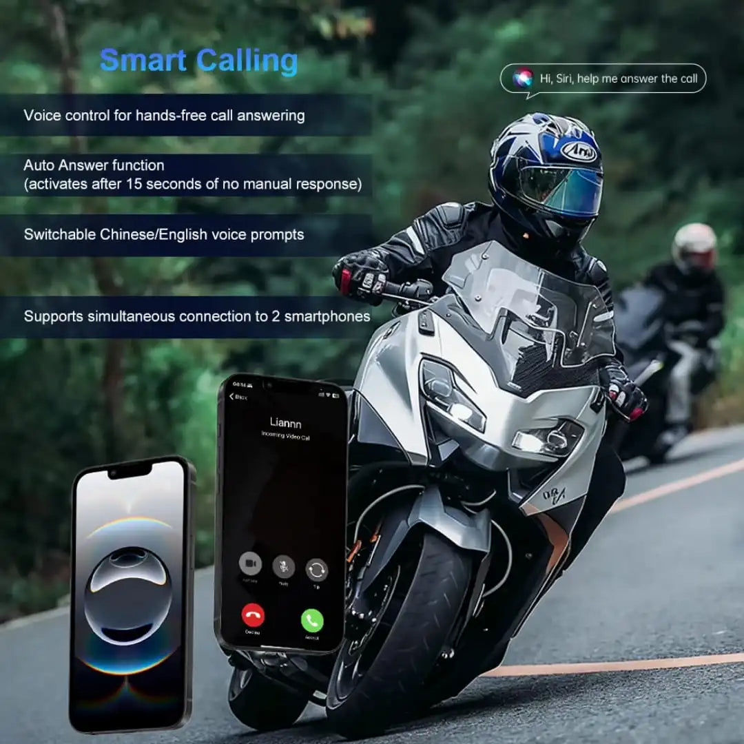 FreedConn KY V2 motorcycle intercom smart calling infographic showing hands free voice control assistant, auto answer functionality, and dual smartphone connection from Lebtech Store Lebanon.