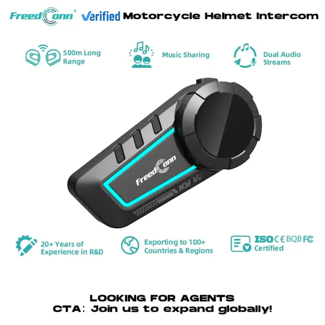 FreedConn KY V2 verified motorcycle helmet intercom featuring 500m long range, music sharing capabilities, and ISO CE FCC international certifications from Lebtech Store Lebanon.