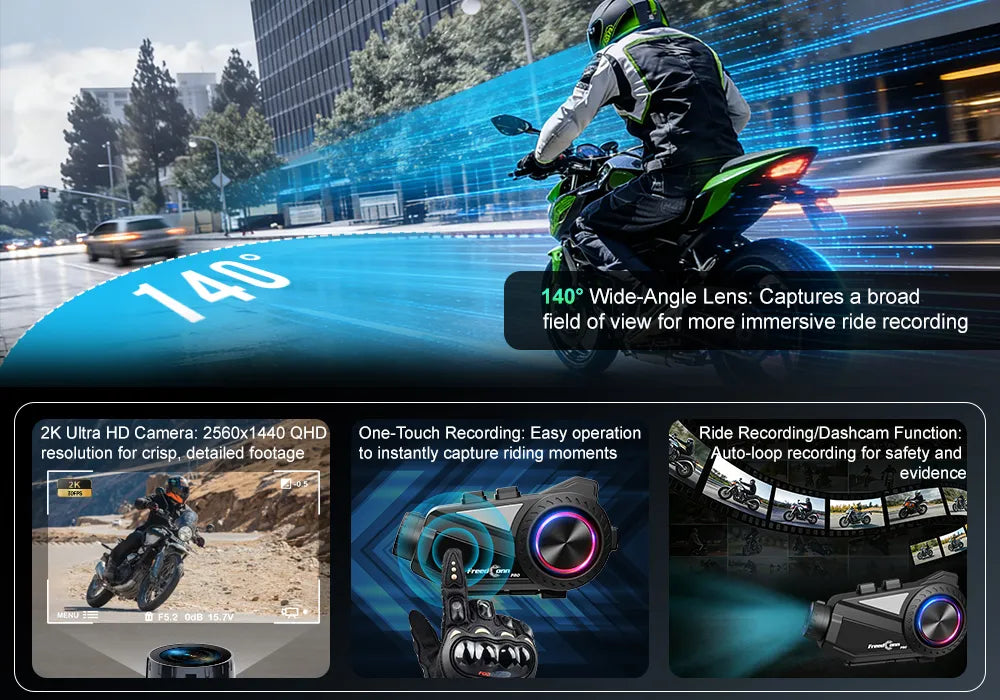 FreedConn R3 PRO V2 motorcycle intercom displaying 140 degree wide angle lens and 2K QHD video loop from Lebtech Store Lebanon
