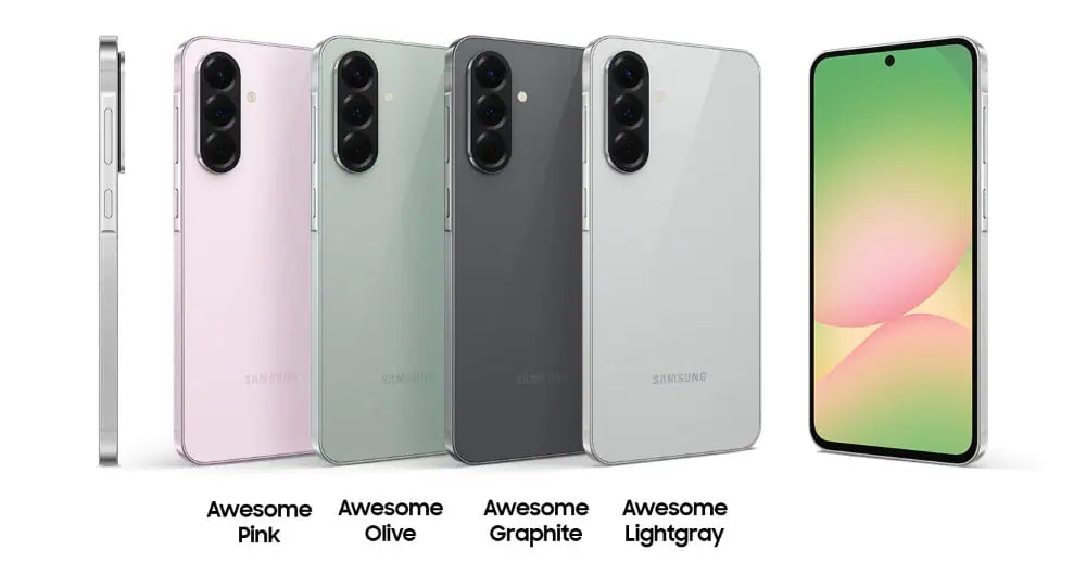 Samsung Galaxy A56 (SM-A566) in Pink, Olive, Graphite, and Lightgray with 6.7" Super AMOLED display - Lebtech Store Lebanon.
