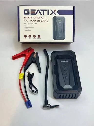 The complete Geatix GE-1018 multifunction car power bank kit unboxed, showing the jump starter unit, heavy-duty jumper clamps, air compressor hose, and Type-C charging cable below its retail box, sold by Lebtech Store with fast delivery across Lebanon.
