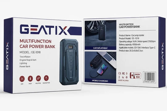 The product packaging for the Geatix GE-1018 multifunction car power bank, detailing features like car jump starter, tire inflation, and mobile charging, available at Lebtech Store with fast delivery across Lebanon.
