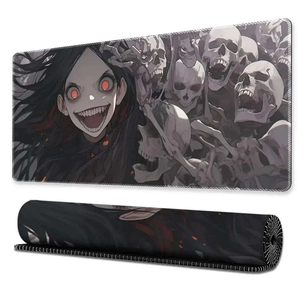Gothic anime girl with glowing eyes and skulls horror style gaming desk mat mouse pad in 30x80cm size showing flat and rolled views at Lebtech Store Lebanon.
