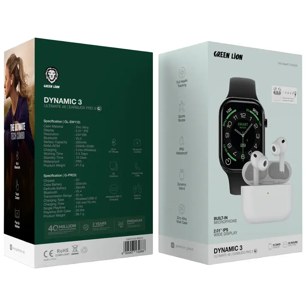 Green Lion Dynamic 3 packaging front and back showing Ultimate 46 smartwatch, Earbuds Pro 3 and specifications