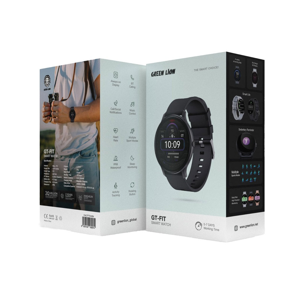 Black Green Lion GT-FIT smart watch retail packaging box showcasing features like Bluetooth calling and IP68 waterproof rating from LebTech Store Lebanon.