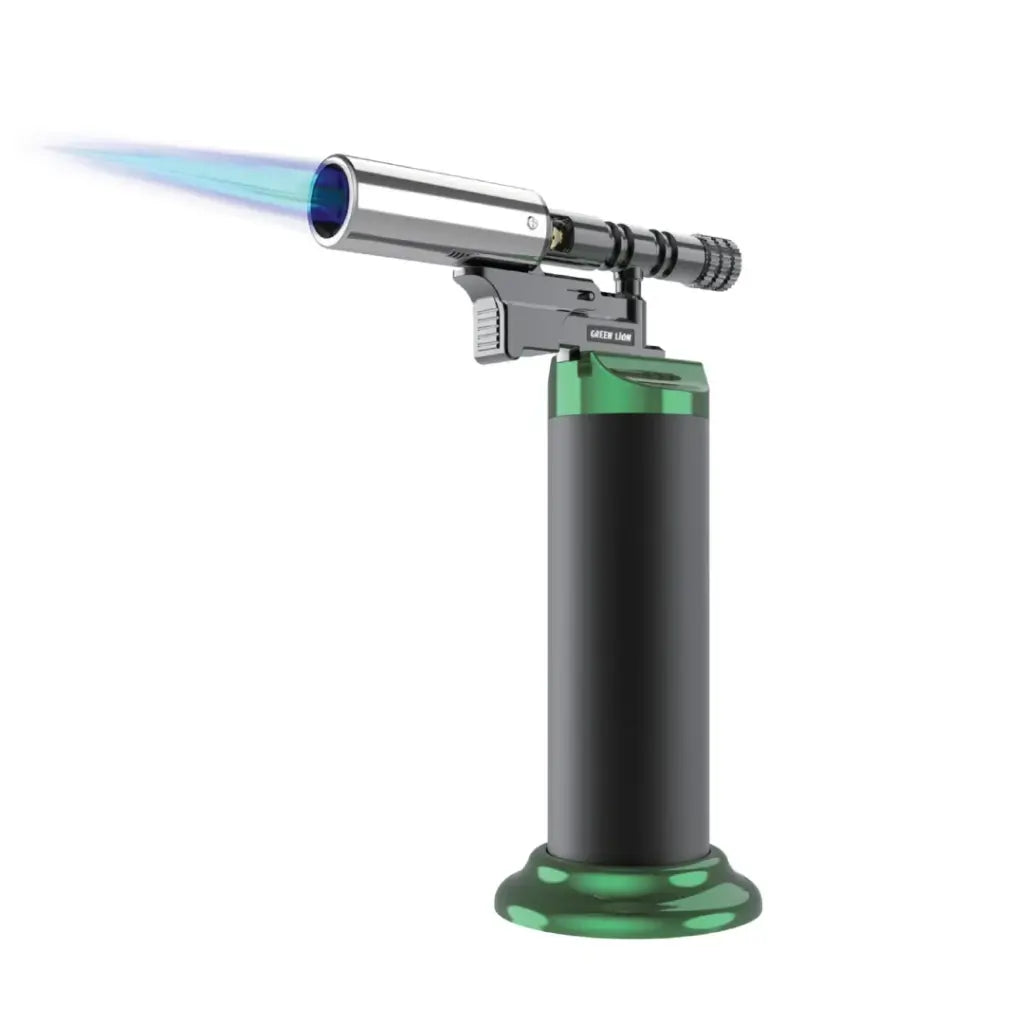 Green Lion Jet Flame Pro windproof lighter producing a blue jet flame