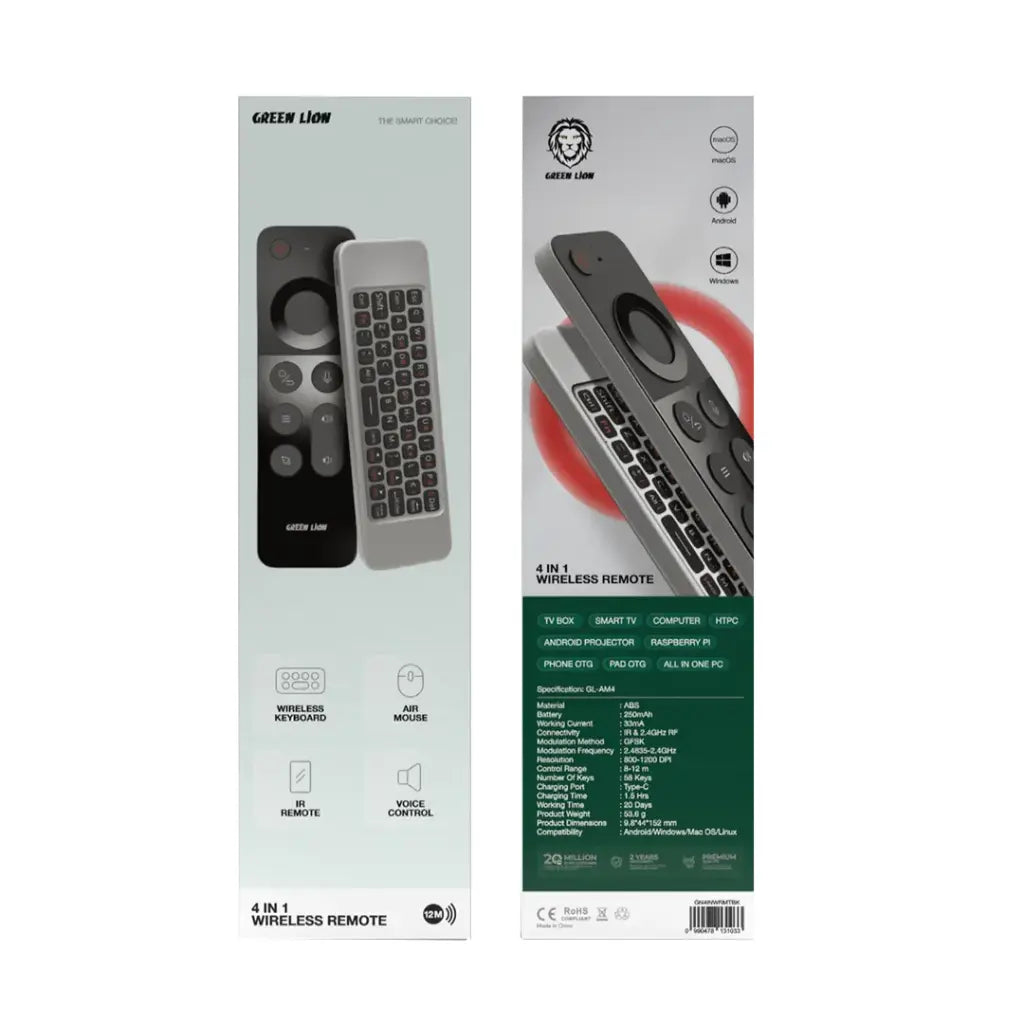 Packaging of a 4-in-1 wireless remote control with images and text on a white background