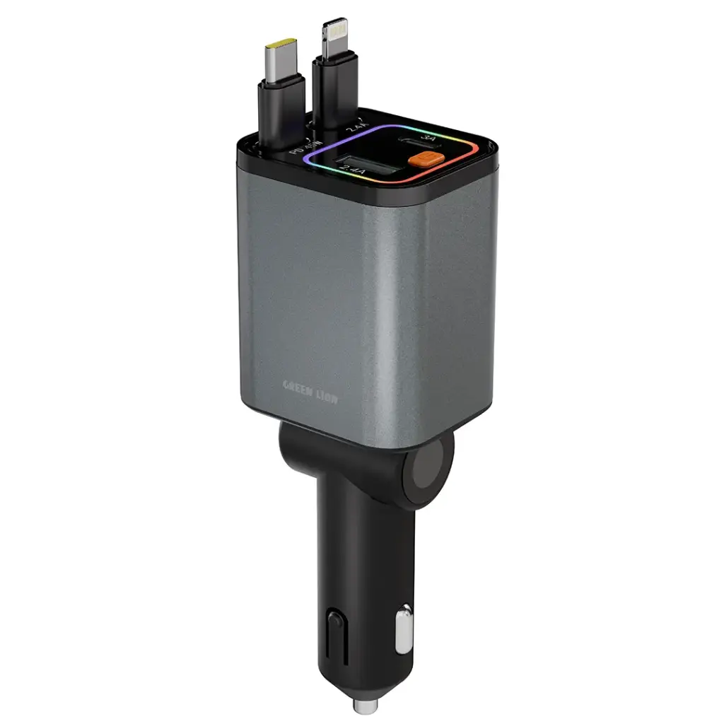 Grey Green Lion 65W car charger featuring retractable Type-C and Lightning cables isolated on a white background from Lebtech Store Lebanon.