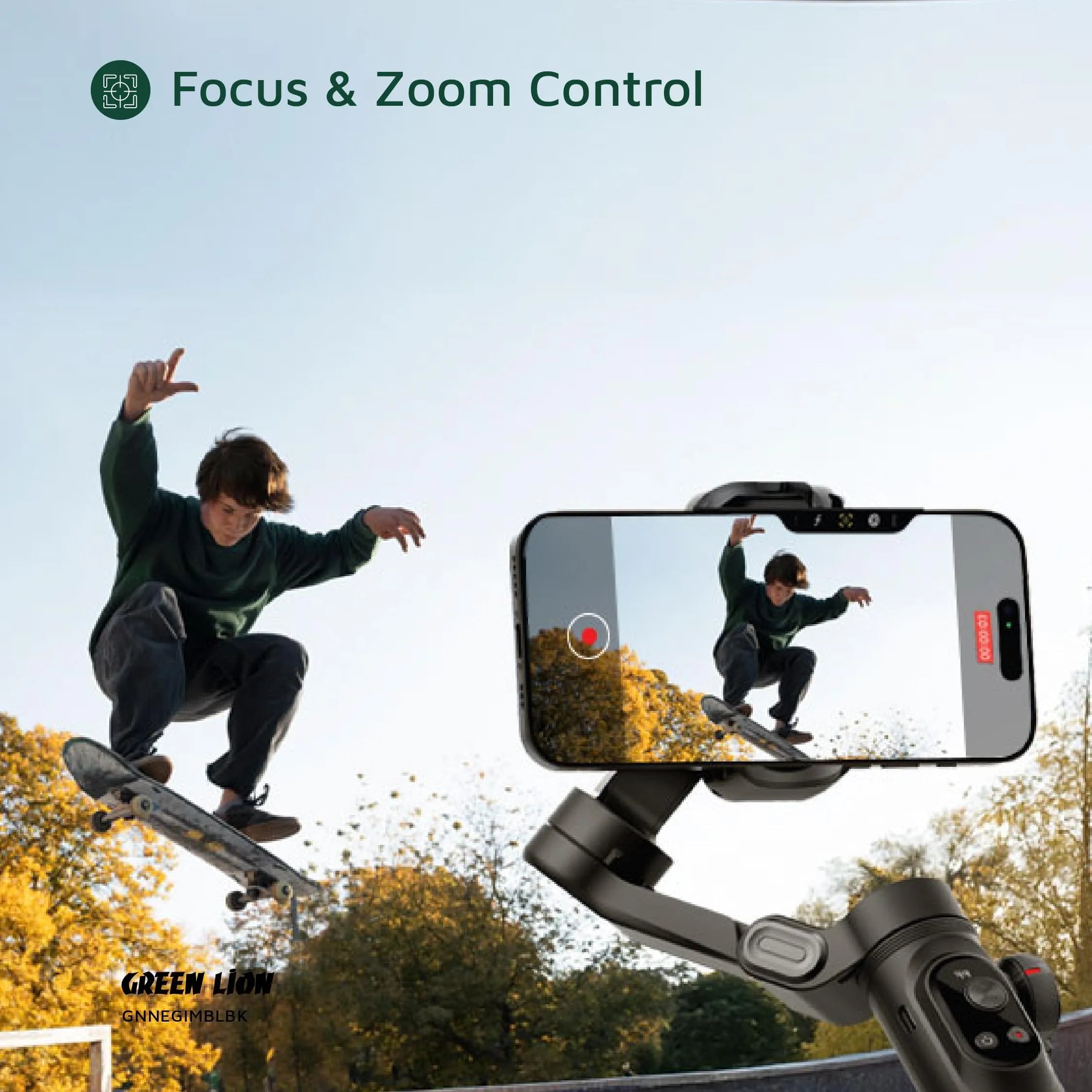 Smartphone with camera app showing a person skateboarding, with 'Focus & Zoom Control' text above.