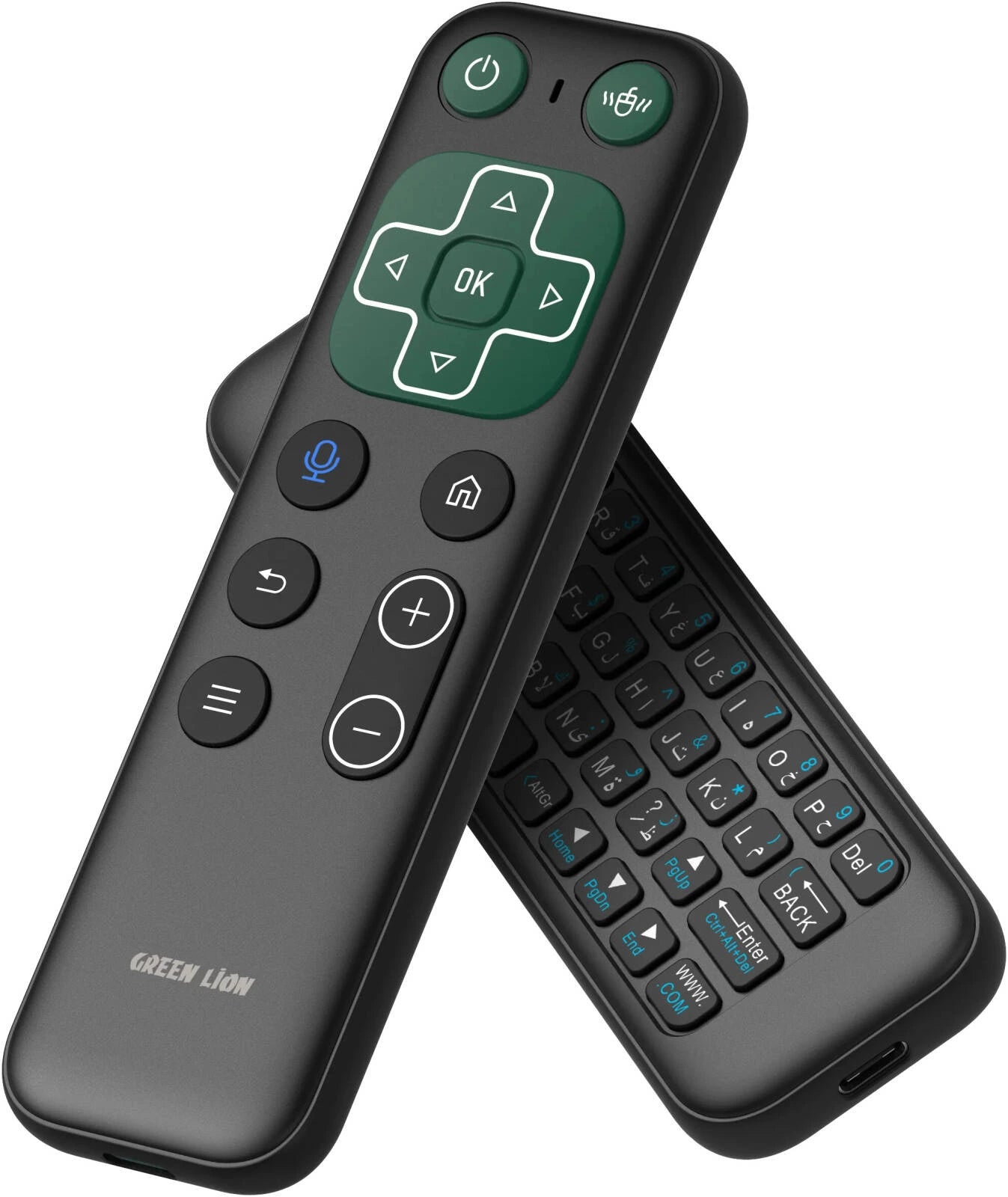 Black remote control with green buttons and keyboard on a white background